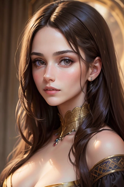 (((portrait, masterpiece))), (((Young beautiful brunette with a deep neckline))), long hair, Looking straight ahead, realistic. highest quality 16k.