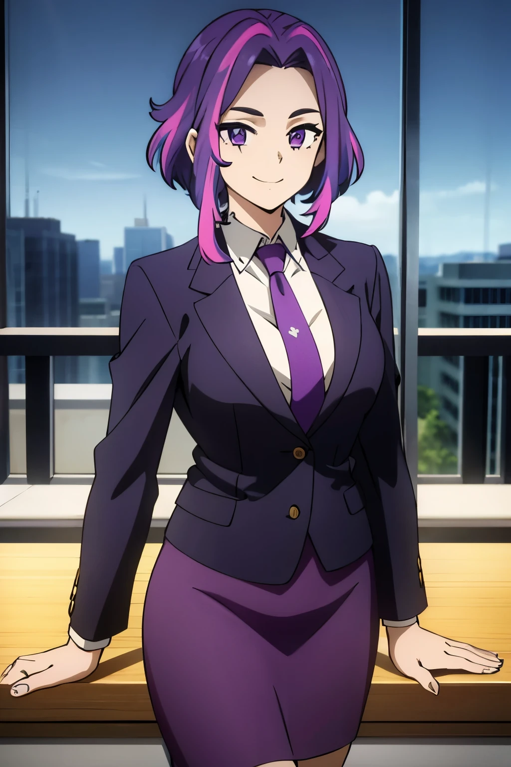 (Masterpiece, best quality), 1girl, short hair, purple hair, multicolored hair, purple eyes,.masterpiece, best quality, secretary outfit, blazer, necktie, pencil skirt, bare legs, high heels, 1girl, solo, looking at viewer, smile, long hair, breasts, dark sky, contrapposto, smile, upper body, closed mouth, best quality,