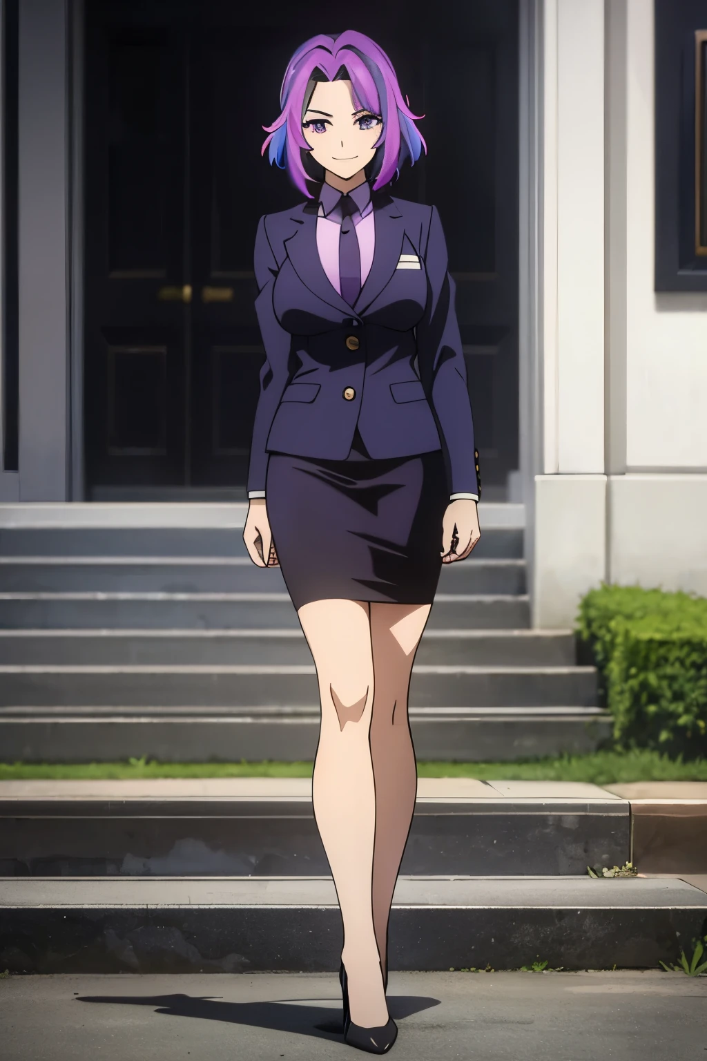 (Masterpiece, best quality), 1girl, short hair, purple hair, multicolored hair, purple eyes,.masterpiece, best quality, secretary outfit, blazer, necktie, pencil skirt, bare legs, high heels, 1girl, solo, looking at viewer, smile, long hair, breasts, dark sky, contrapposto, smile, upper body, closed mouth, best quality,