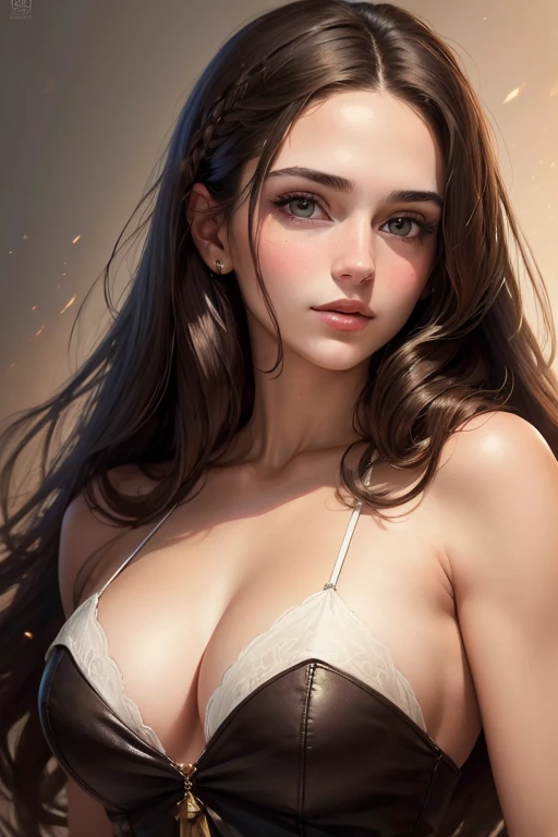 (((portrait, masterpiece))), (((Young beautiful brunette with a deep neckline))), long hair, Looking straight ahead, realistic. highest quality 16k.