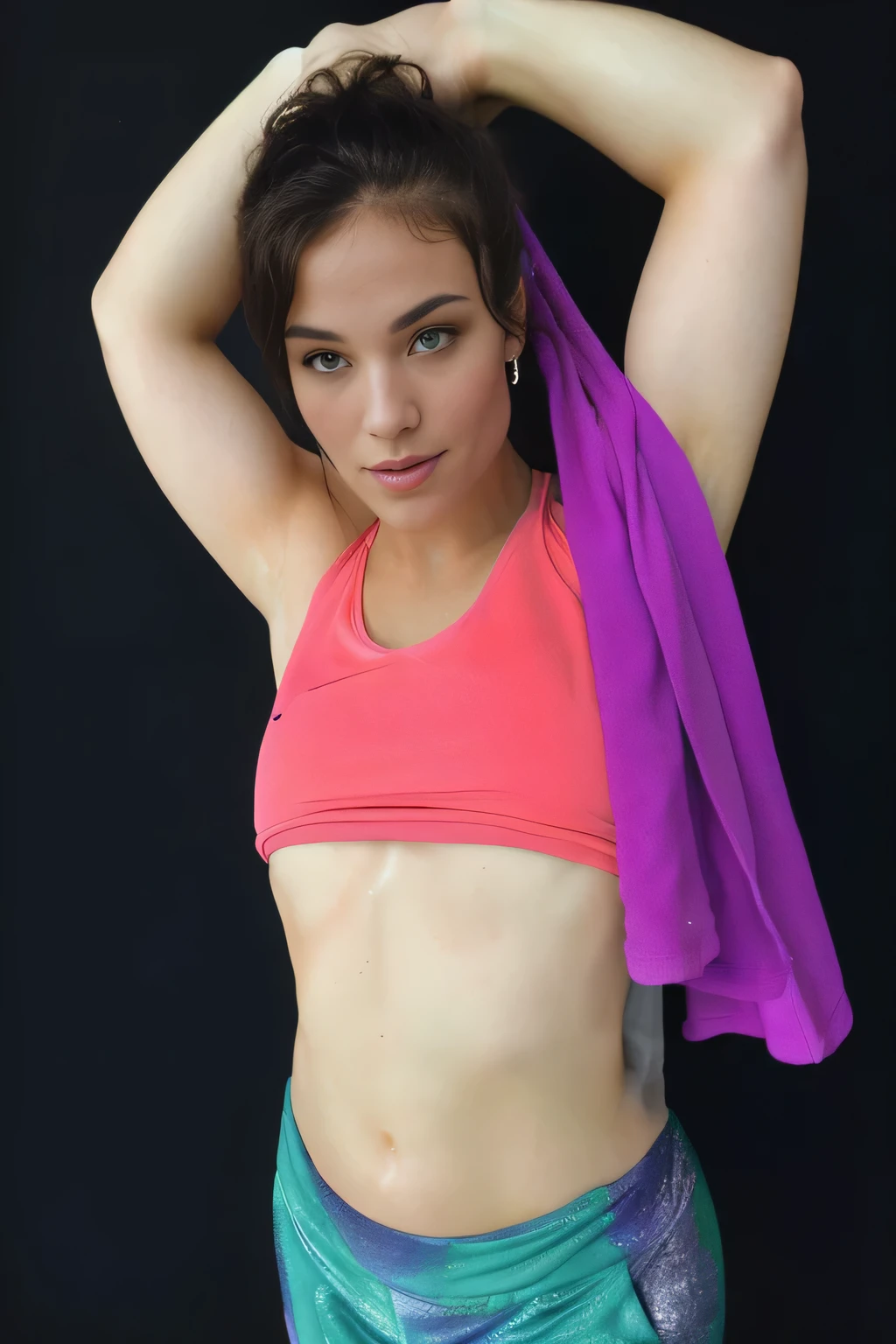 There is a woman in a pink top and green shorts, with a purple towel on her left shoulder, holding her hands above her head, wearing gym equipment, fitness body, physique: smallest belly ever, sweaty abs, fit curvy physique , medium length cut, modeled photo, black background. Sharp photo, high quality, high resolution, Ultra HD, high contrast, 16K. Masterpiece, high resolution. Sharp photo, high quality, high resolution (ultra quality masterpiece), Ultra HD, high contrast, 16K. Masterpiece: 1.3, high resolution, (photographically realistic), 8k, NUDE, NUDITY, NFSW