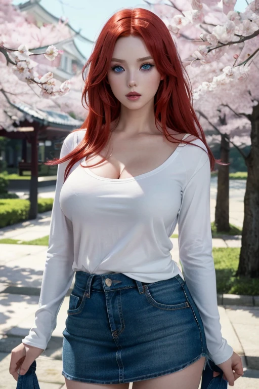 Ultra realistic, incredible high quality, red-haired girl, seductive leaning forward detailed skin, very pale-white (highlighted) skin, goth makeup, ultra realistic, 16k, high quality, picture-perfect, flawless, clean, masterpiece, professional artwork, detailed artwork, cinematic lighting, cinematic bloom, realistic shading, (long red hair)),(1girl,  beautiful korean girl),perfect face, (young:1.1),((fit figure)),((25 year old)), beautiful face, beautiful turquoise-blue eyes (cute eyes look), detail eyes, detail face, (((perfect female body, narrow waist))),(large breasts:1.3)lora:GoodHands-beta2:1>, , ((girl standing)),upper body, white shirt, jeans skirt and pantyhose clothing (realistic texture), blade to side, strike pose,blade down,blade right hand,, cherry blossoms,, blurred background  (masterpiece, best quality, high quality, highres, ultra-detailed), different poses at different angles. 