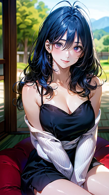 (masterpiece:1.3, top-quality, ultra high res, ultra detailed), (realistic, photorealistic:1.4), beautiful illustration, perfect lighting, natural lighting, colorful, depth of fields, ,
beautiful detailed hair, beautiful detailed face, beautiful detailed eyes, beautiful clavicle, beautiful body, beautiful chest, beautiful thigh, beautiful legs, beautiful fingers, beautiful hands, beautiful arms, perfect arms
looking at viewer, 1 girl, japanese, high school girl, (perfect anatomy, anatomically correct), cute and symmetrical face, babyface, perfect face, perfect eyes, shiny skin, slender,
(long hair:1.7, wavy hair:0.8, blue hair), antenna hair, hair between eyes, emerald black eyes, long eye lasher, (large breasts:0.8, seductive thighs), black dress, sitting with open legs, showing red panties,
((long sleeve light purple knit dress, black tube top)),
(beautiful scenery), summer, evening, (school), (lovely smile, upper eyes), hot, seductive