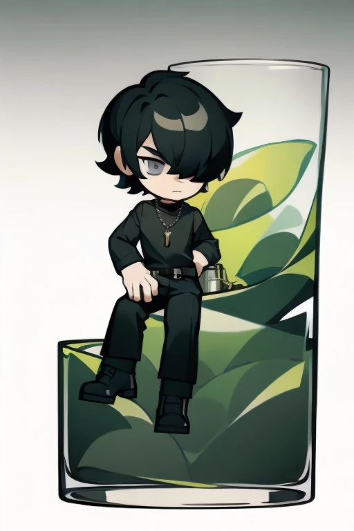 Black hair, necklace, looking at viewer, 1boy, short hair, closed mouth, hair over one eye, black shirt, grey eyes, turtleneck, jacket on the shoulders, black trousers, boots, full body
Sitting in a bank. Green water in a jar. (Empty space)