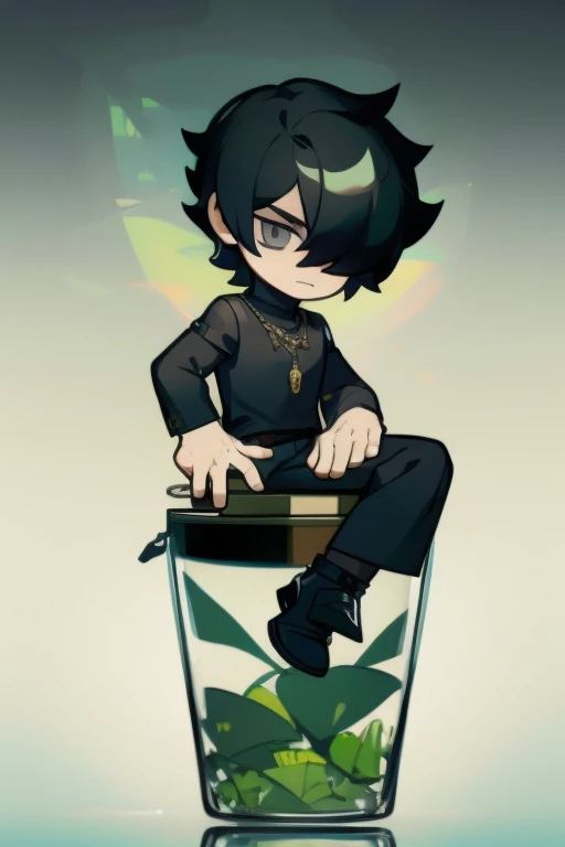 Black hair, necklace, looking at viewer, 1boy, short hair, closed mouth, hair over one eye, black shirt, grey eyes, turtleneck, jacket on the shoulders, black trousers, boots, full body
Sitting in a bank. Green water in a jar. (Empty space)