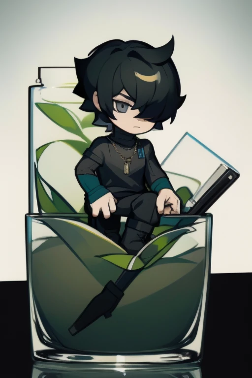Black hair, necklace, looking at viewer, 1boy, short hair, closed mouth, hair over one eye, black shirt, grey eyes, turtleneck, jacket on the shoulders, black trousers, boots, full body
Sitting in a bank. Green water in a jar. (Empty space)