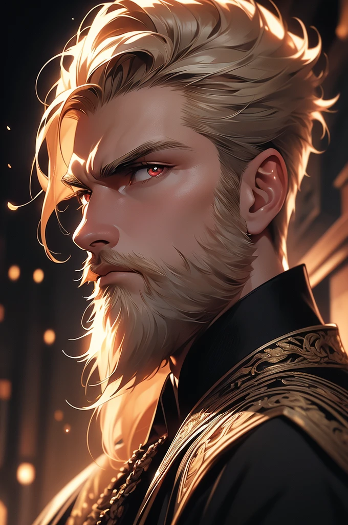 (masterpiece, lighting effect, ultra detailed image, 32k, 8k) man, 45 years old, short blond hair, red eyes, masculine and handsome face, serious expression, black clothes, beautiful blond beard, (image focused on the character's face , profile angle, looking fixedly at the viewer, background being a home environment)