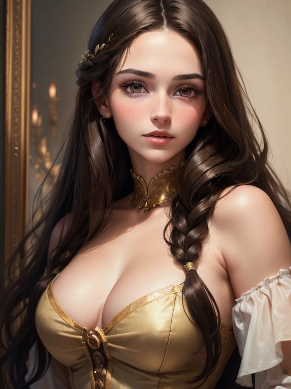 (((portrait, masterpiece))), (((Young beautiful brunette with a deep neckline))), long hair, Looking straight ahead, realistic. highest quality 16k.