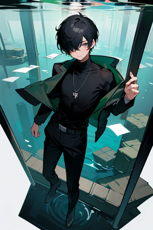 Black hair, necklace, looking at viewer, 1boy, short hair, closed mouth, hair over one eye, black shirt, grey eyes, turtleneck, jacket on the shoulders, black trousers, boots, full body
Swimming in a bank. Green water in a bank. (Empty space)