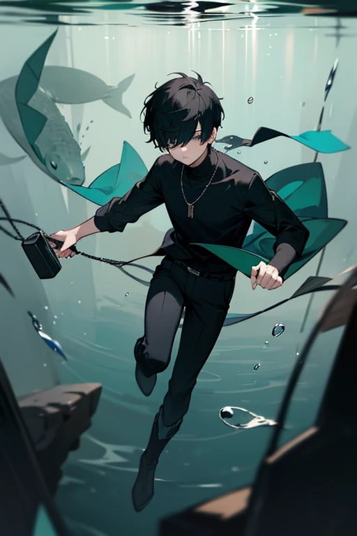 Black hair, necklace, looking at viewer, 1boy, short hair, closed mouth, hair over one eye, black shirt, grey eyes, turtleneck, jacket on the shoulders, black trousers, boots, full body
Swimming in a bank. Green water in a bank. (Empty space)
