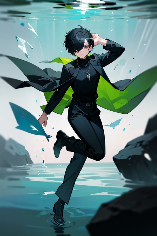 Black hair, necklace, looking at viewer, 1boy, short hair, closed mouth, hair over one eye, black shirt, grey eyes, turtleneck, jacket on the shoulders, black trousers, boots, full body
Swimming in a bank. Green water in a bank. (Empty space)