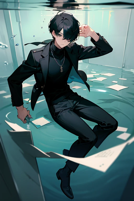 Black hair, necklace, looking at viewer, 1boy, short hair, closed mouth, hair over one eye, black shirt, grey eyes, turtleneck, jacket on the shoulders, black trousers, boots, full body
Swimming in a bank. Green water in a bank. (Empty space)