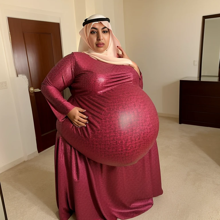 Extremely Hyperpregnant Kuwaiti woman with huge belly wearing a dress