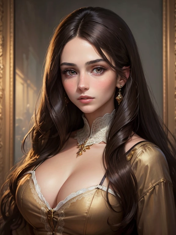 (((portrait, masterpiece))), (((Young beautiful brunette with a deep neckline))), long hair, Looking straight ahead, realistic. highest quality 16k.