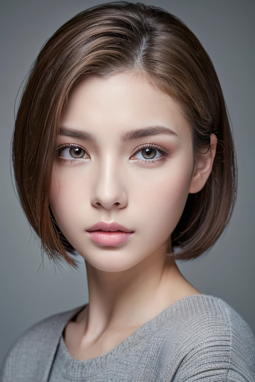(RAW Photo, Best Quality), (Realistic, Photo Realistic: 1.3), Best Quality, Highly Detailed,8k RAW photo, highest quality, masterpiece, ultra high resolution, 3D, realistic,、masterpiece, highest quality, 1 girl, 、gaze towards the viewer、((portrait))、profile, ponytail, up hair, short hair、 pink lips, nose slightly pointed upwards, long eyelashes, realistic skin texture, attractive face, blurry, gray color background