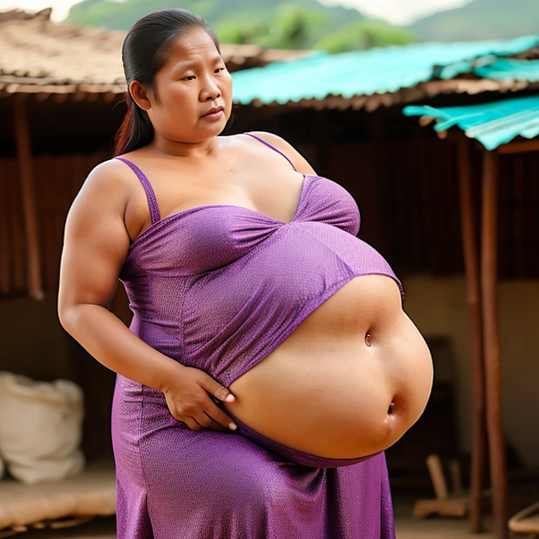 Extremely Hyperpregnant Laotian woman with huge belly wearing a dress