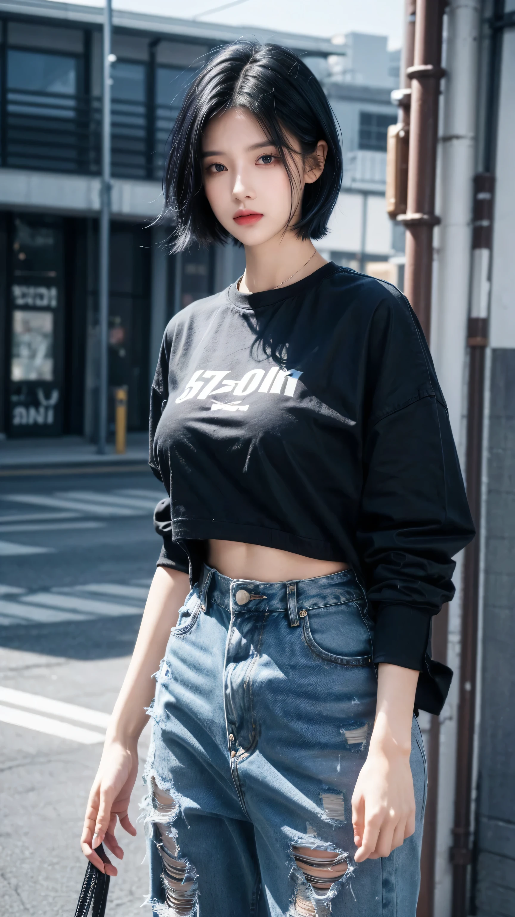 best quality, 1 Girl, dark blue hair, black eyes, Very short hair, Spiky hair, oversize t-shirt, jacket jeans, High waist jeans, 171 cm, Messy hair, Hair between the eyes, Medium breasts, full, Tomboy, aldult, 20 years old, 1 Girl