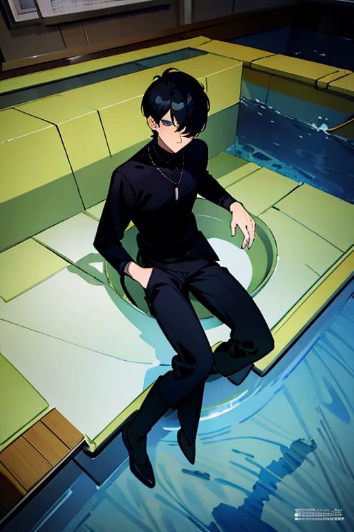 Black hair, necklace, looking at viewer, 1boy, short hair, closed mouth, hair over one eye, black shirt, grey eyes, turtleneck, jacket on the shoulders, black trousers, boots, full body
Swimming in a bank. Green water in a bank. (Empty space)