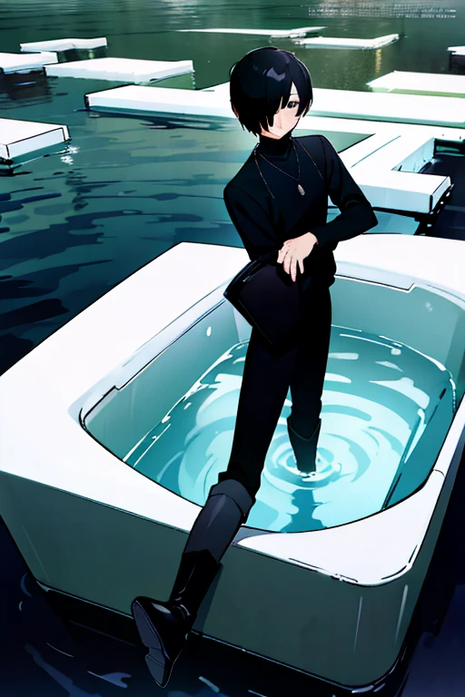 Black hair, necklace, looking at viewer, 1boy, short hair, closed mouth, hair over one eye, black shirt, grey eyes, turtleneck, jacket on the shoulders, black trousers, boots, full body
Swimming in a bank. Green water in a bank. (Empty space)