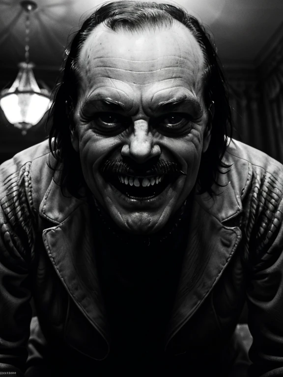 arafed man with his mouth open sitting at a table, the shining, the shining overlook hotel, stanley kubrick the shinning, the shining 1980, hannibal lector, self - satisfied smirk, giddy smirk, shining, unsettling grin, choke smirk smile grin, evil smirk, insane smile, jack nicholson