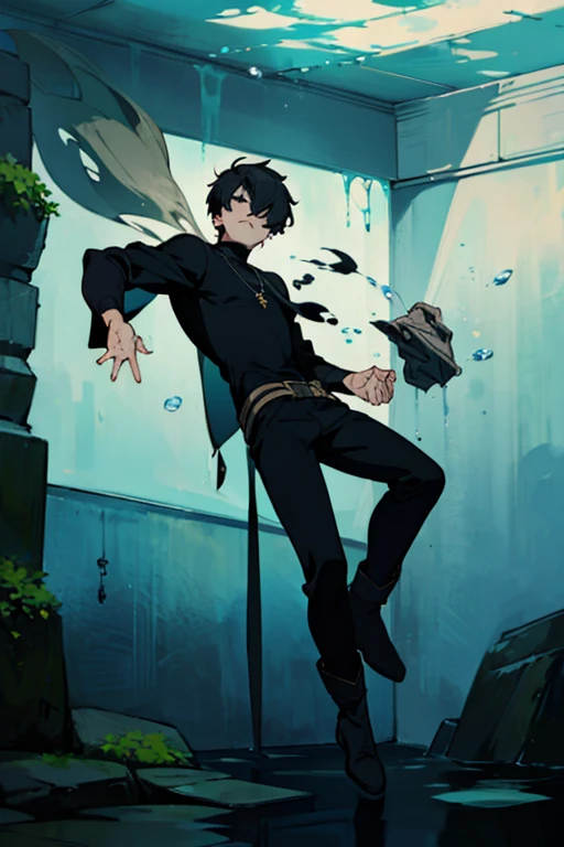 Black hair, necklace, looking at viewer, 1boy, short hair, closed mouth, hair over one eye, black shirt, grey eyes, turtleneck, jacket on the shoulders, black trousers, boots, full body
Swimming in a bank. Green water in a bank. (Empty space)