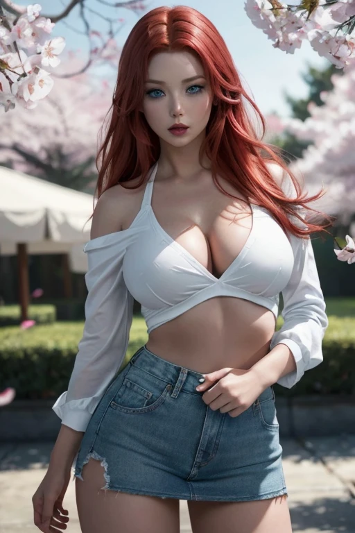 Ultra realistic, incredible high quality, red-haired girl, seductive leaning forward detailed skin, very pale-white (highlighted) skin, goth makeup, ultra realistic, 16k, high quality, picture-perfect, flawless, clean, masterpiece, professional artwork, detailed artwork, cinematic lighting, cinematic bloom, realistic shading, (long red hair)),(1girl,  beautiful korean girl),perfect face, (young:1.1),((fit figure)),((25 year old)), beautiful face, beautiful turquoise-blue eyes (cute eyes look), detail eyes, detail face, (((perfect female body, narrow waist))),(large breasts:1.3)lora:GoodHands-beta2:1>, , ((girl standing)),upper body, white shirt, jeans skirt and pantyhose clothing (realistic texture), thick legs, thick thighs, blade to side, strike pose,blade down,blade right hand,, cherry blossoms,, blurred background  (masterpiece, best quality, high quality, highres, ultra-detailed), different poses at different angles. 