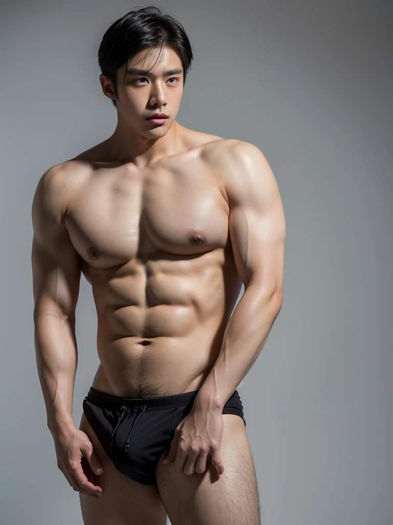 Masterpiece, Best Quality, Solo, Asian Model Men, big muscular, wide shoulder, big triceps, studio simple background, Natural eyes, Short and delicate black hair, Sexy Man, looking up at the viewer, shirtless, sexy bikini, huge bulge, Small plots, Standing, Muscular posture, pubes