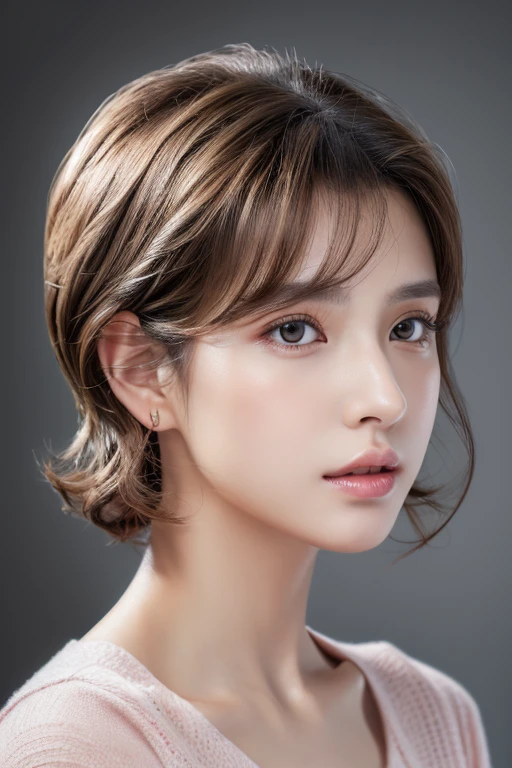 (RAW Photo, Best Quality), (Realistic, Photo Realistic: 1.3), Best Quality, Highly Detailed,8k RAW photo, highest quality, masterpiece, ultra high resolution, 3D, realistic,、masterpiece, highest quality, 1 girl, 、gaze towards the viewer、((portrait))、profile, ponytail, up hair, short hair、 pink lips, nose slightly pointed upwards, long eyelashes, realistic skin texture, attractive face, blurry, gray color background