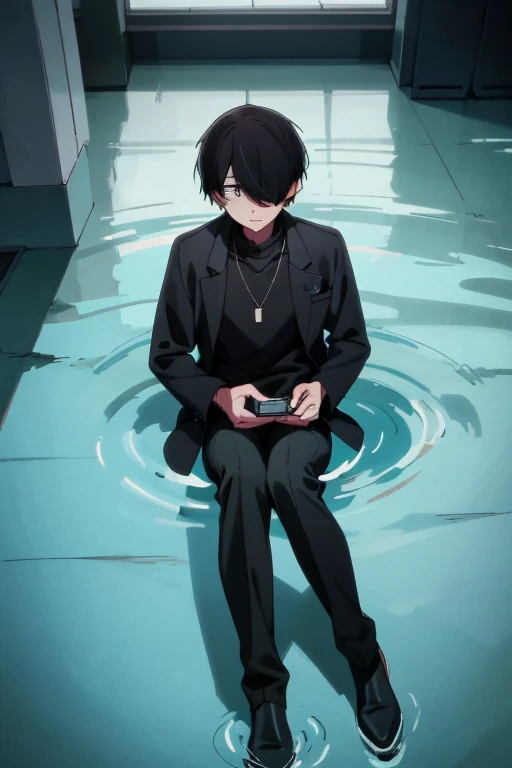 Black hair, necklace, looking at viewer, 1boy, short hair, closed mouth, hair over one eye, black shirt, grey eyes, turtleneck, jacket on the shoulders, black trousers, boots, full body
Swimming in a bank. Green water in a bank. (Empty space)