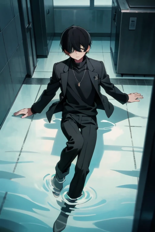 Black hair, necklace, looking at viewer, 1boy, short hair, closed mouth, hair over one eye, black shirt, grey eyes, turtleneck, jacket on the shoulders, black trousers, boots, full body
Swimming in a bank. Green water in a bank. (Empty space)