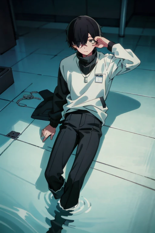 Black hair, necklace, looking at viewer, 1boy, short hair, closed mouth, hair over one eye, black shirt, grey eyes, turtleneck, jacket on the shoulders, black trousers, boots, full body
Swimming in a bank. Green water in a bank. (Empty space)