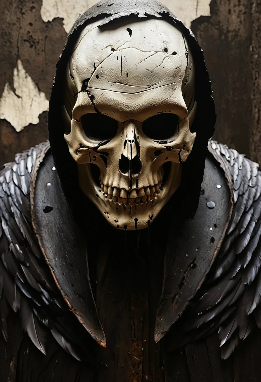 (best quality,4k,8k,highres,masterpiece:1.2),ultra-detailed,(realistic,photorealistic,photo-realistic:1.37),oil painting,colorful,brush strokes,dramatic lighting,horror,skull man warrior,aged paper,aesthetic,dripping ink,gritty texture,dark and moody atmosphere,detailed facial features,expressionless face,intense gaze,weathered armor,worn out sword,ancient runes,crow feathers,ominous background,grim reaper vibes,haunting,creepy,macabre,vintage style,monochrome with sepia tones,contrast,depth,texture,old world charm,subtle decay,aged elegance,cracked paint,weathered detailspeated paint,cracked stone texture,long shadows,dusty appearance,creased edges,sculptural quality