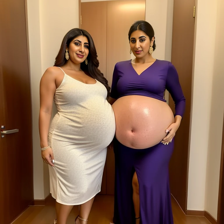 Extremely Hyperpregnant Lebanese woman with huge belly wearing a dress
