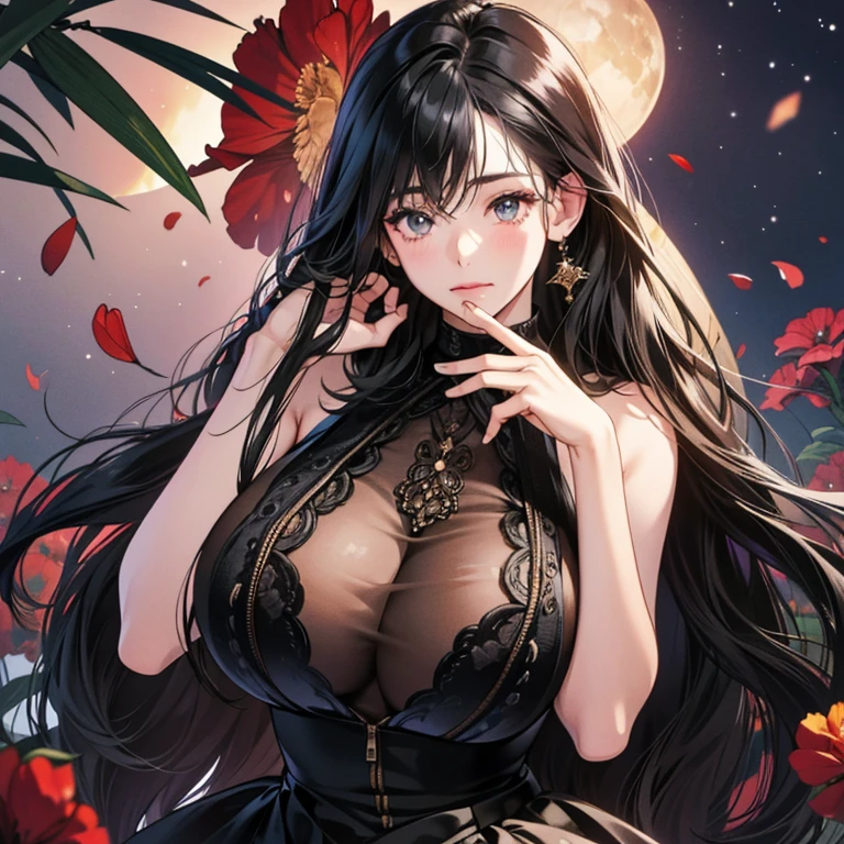 high quality, 最high quality, photo-Realistic, RAW Photos, Realistic, ultra Realistic 8k cg, Very detailed, High resolution, masterpiece, One girl, Long Hair, Black Hair, Iris, spread, Intricate details, Detailed Texture, In detail, Huge breasts, super mini skirt, plump, luxurious ornaments, maximum dress, super large breasts, super large breasts that sag a little, large breasts, sleeveless, hands behind head, black clothes, not divided into top and bottom, see-through