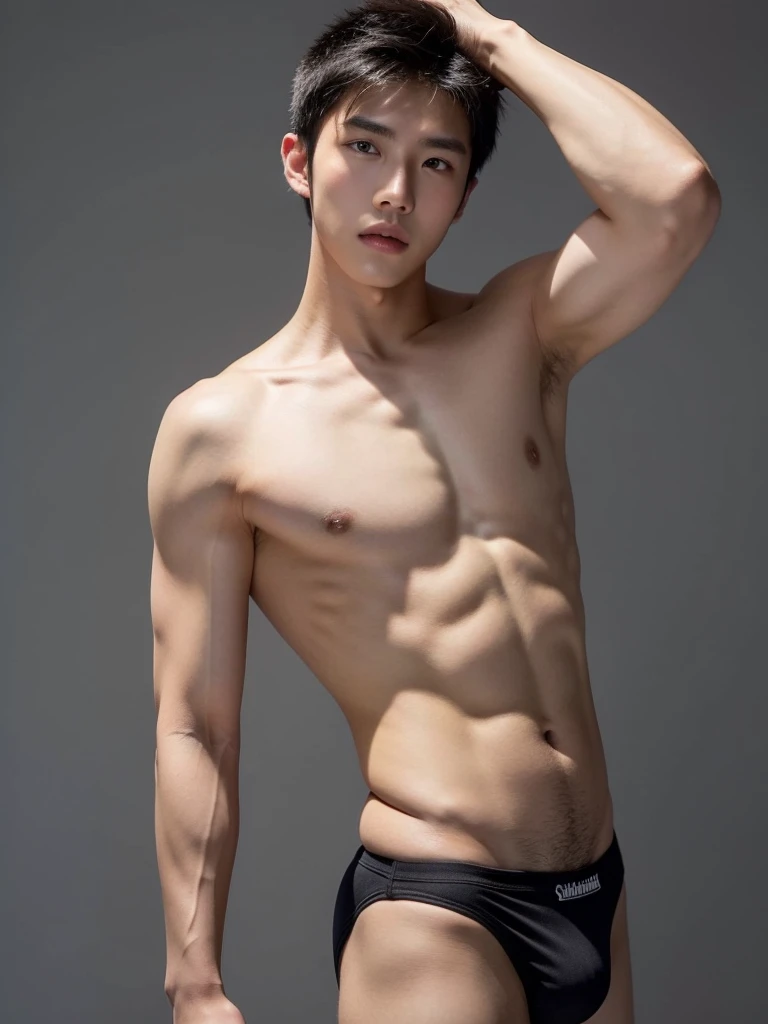 Masterpiece, Best Quality, Solo, Asian Model Men, muscular, studio simple background, Natural eyes, Short and delicate black hair, Sexy Man, looking up at the viewer, shirtless, sexy bikini, huge bulge, Small plots, Standing, Muscular posture, pubes