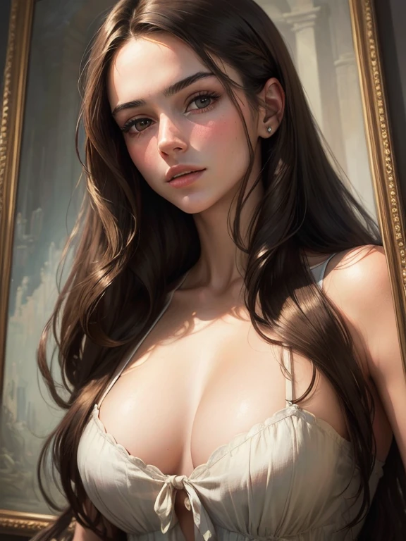(((portrait, masterpiece))), (((Young beautiful brunette with a deep neckline))), long hair, (((hair doesn't fall on your face))), Looking straight ahead, realistic. highest quality 16k.
