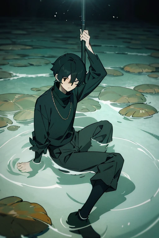 Black hair, necklace, looking at viewer, 1boy, short hair, closed mouth, hair over one eye, black shirt, grey eyes, turtleneck, jacket on the shoulders, black trousers, boots, full body
Swimming in a bank. Green water in a bank. (Empty space)