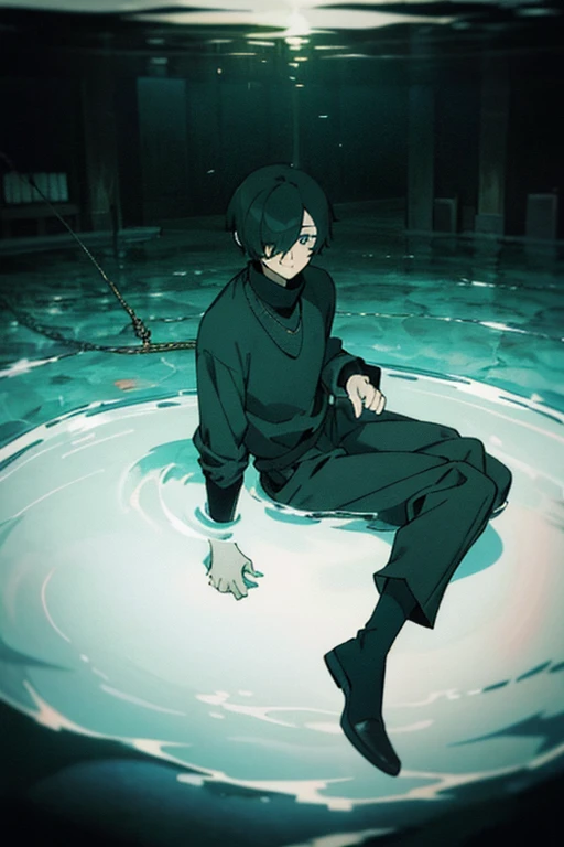 Black hair, necklace, looking at viewer, 1boy, short hair, closed mouth, hair over one eye, black shirt, grey eyes, turtleneck, jacket on the shoulders, black trousers, boots, full body
Swimming in a bank. Green water in a bank. (Empty space)