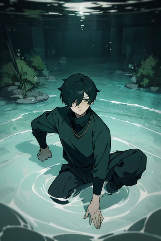 Black hair, necklace, looking at viewer, 1boy, short hair, closed mouth, hair over one eye, black shirt, grey eyes, turtleneck, jacket on the shoulders, black trousers, boots, full body
Swimming in a bank. Green water in a bank. (Empty space)