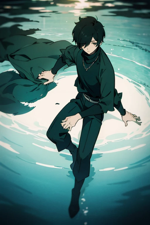 Black hair, necklace, looking at viewer, 1boy, short hair, closed mouth, hair over one eye, black shirt, grey eyes, turtleneck, jacket on the shoulders, black trousers, boots, full body
Swimming in a bank. Green water in a bank. (Empty space)