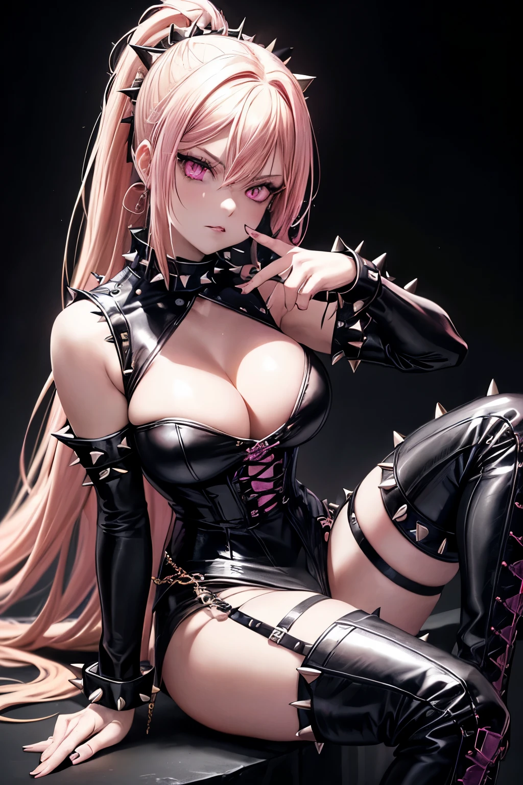 (Goth:1.1), (golden hair:1.1), ponytail, (sitting), (pink eyes:1.1), (gothic outfit:1.1), (spiked collar:1.2), (spiked bracelets:1.1), (detailed face and eyes:1.2), (black high socks:1.1), (cute), sexy, (leather high boots:1.1), dark background, simple background, (detailed hand and finger:1.2), (medium breasts:1.2), (busty), (deep cleavage:1.2).