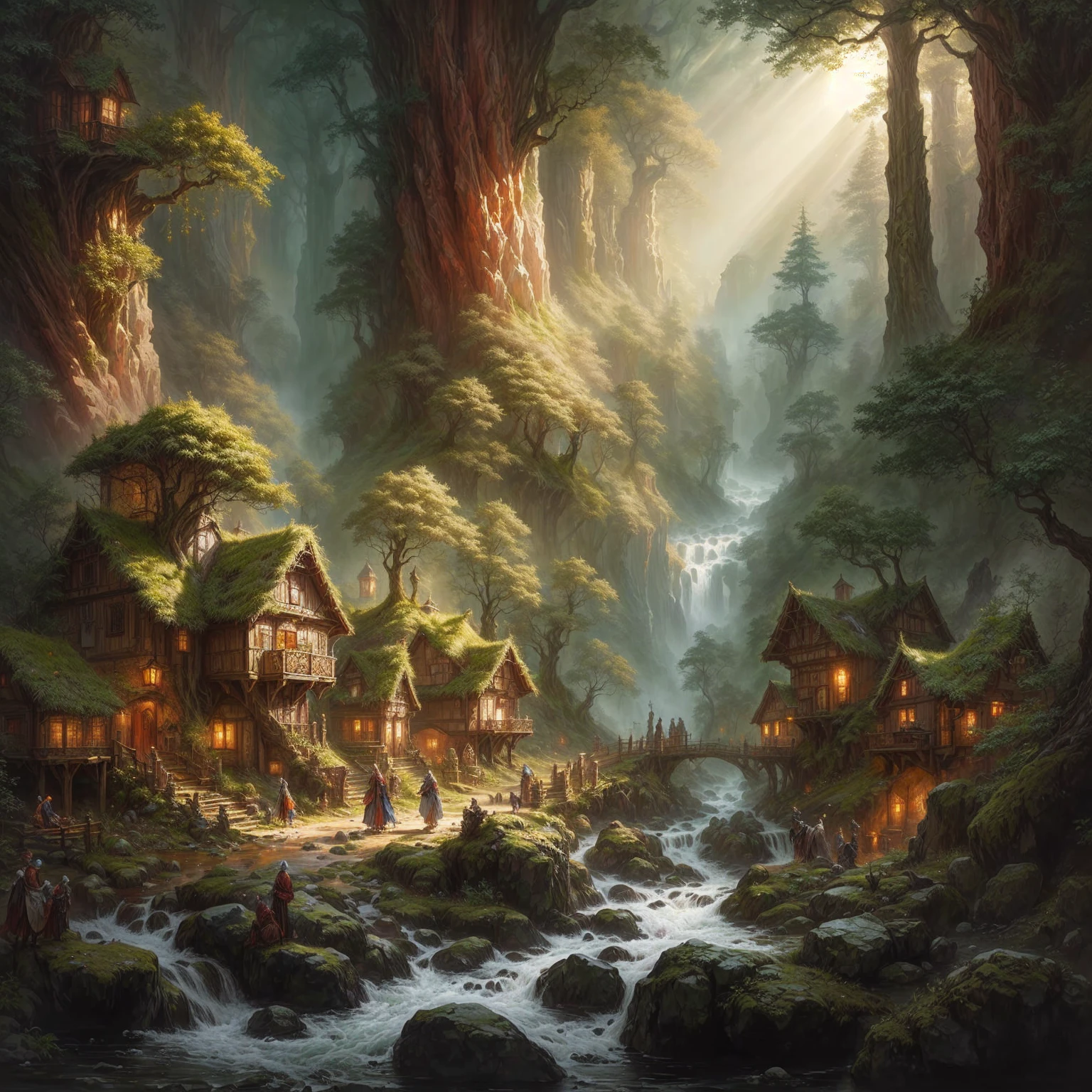 a painting of a village in the forest, through which a stream flows, epische Bruchtal-Fantasie, realistische Fantasy-Malerei, epic fantasy painting, detailed matte fantasy painting, beautiful fantasy painting, hyperrealistische Fantasy-Kunst, atemberaubende Fantasy-Kunst, Andreas Rocha und John Howe, highly detaileD Fantasy-Kunst, detaileD Fantasy-Kunst, hyperrealistisches d & D Fantasy-Kunst, Fantasielandschaftsmalerei