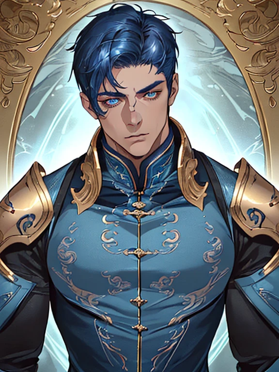 (best quality,ultra-detailed,realistic:1.37),tall and strong man,dark blue short hair,light blue pupils,detailed face and eyes,wearing dragon-themed golden armor