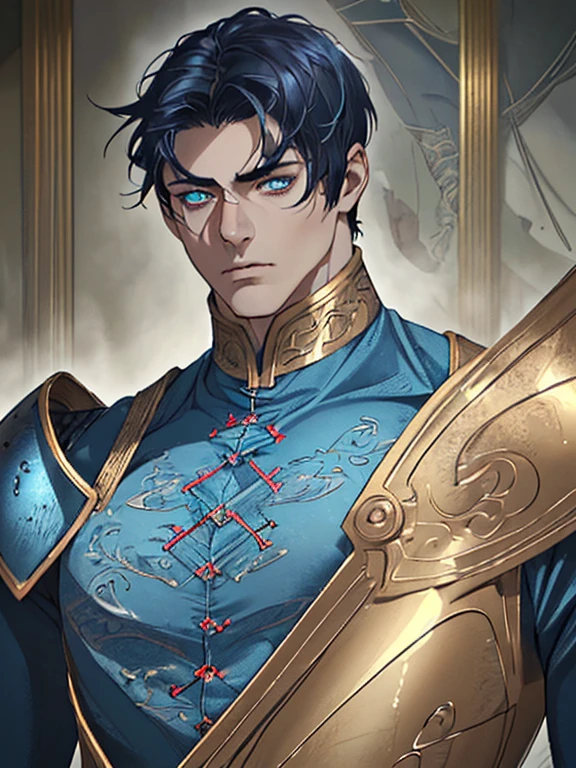 (best quality,ultra-detailed,realistic:1.37),tall and strong man,dark blue short hair,light blue pupils,detailed face and eyes,wearing dragon-themed golden armor