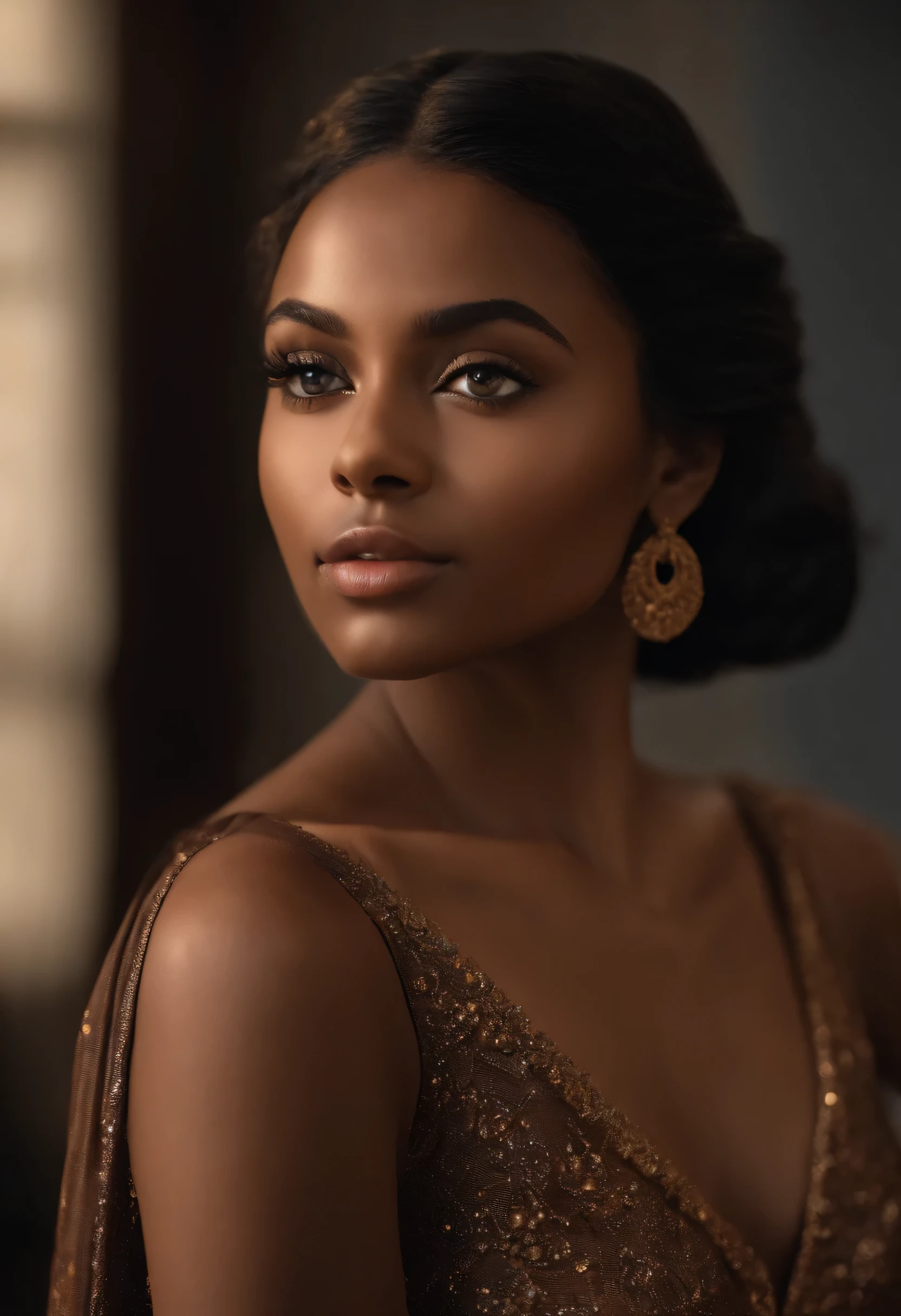 " de pele parda de 22 anos sem roupa com uma foto RAW, a stunning masterpiece with the best quality and ultra-detailed features, creating a hyper-realistic, cinematic representation of the upper body. Emphasize the use of cinematic lighting techniques and achieve a photorealistic representation of a beautiful girl in an elegant evening dress."