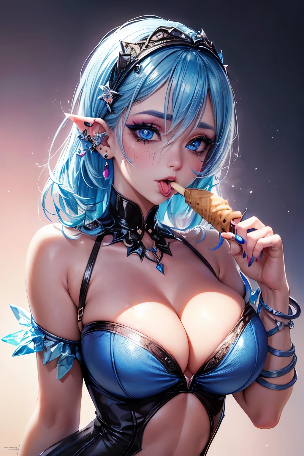 One woman (kisses ice cream pop:1.2) of (derrping ice cream), (ice cream on face:1.1), (ahegao), (piercing blue eyes:1.2), (detailed face and eyes:1.2), (ear piercing:1.1), (tongue out), (heavy makeup:1.2), (simple outfit:1.2), (detailed hand and finger:1.2), (medium breasts:1.2), (busty), (deep cleavage:1.2).