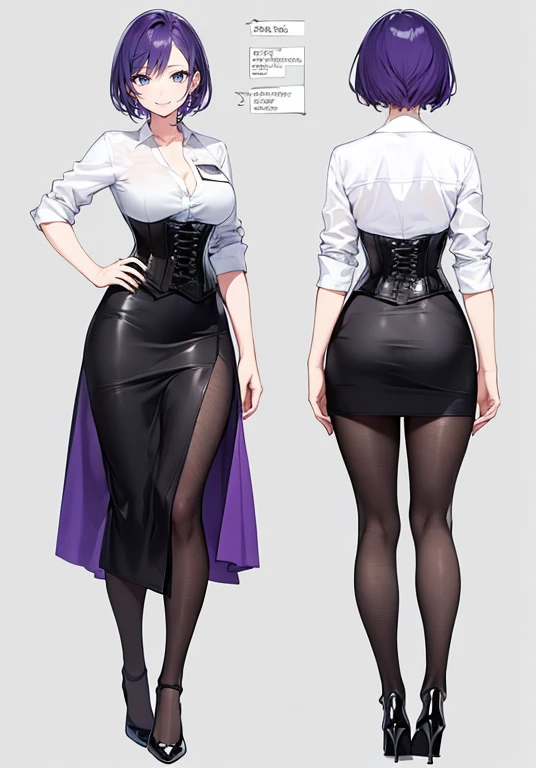 Purple hair,short cut,Adult female,Bartender,((Rolling up your sleeves shirt)),(Corset),(Tight skirt),High heels,((Simple background)),Smile,((Full body)),((whole body)),Character Sheet,