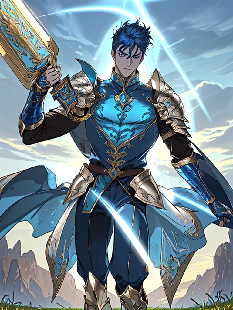 (blue, bright, intense, vibrant), (shiny, reflective, metallic), (majestic, powerful, fierce, imposing), tall and strong man, dark blue short hair, light blue pupils, detailed face and eyes, wearing dragon-themed golden armor, (fine, intricate) scales on the armor, (sharp, pointed) shoulder pads, (elaborate, engraved) patterns on the chest plate, (dazzling, radiant) golden gauntlets and boots, (gleaming, polished) sword held firmly in hand, (confident, determined) expression on his face, standing in a (magnificent, grand) pose, on a (bright, sunlit) grassy meadow with (rolling, verdant) hills in the background, (dramatic, cloudy) sky with beams of sunlight casting a warm glow on the scene.