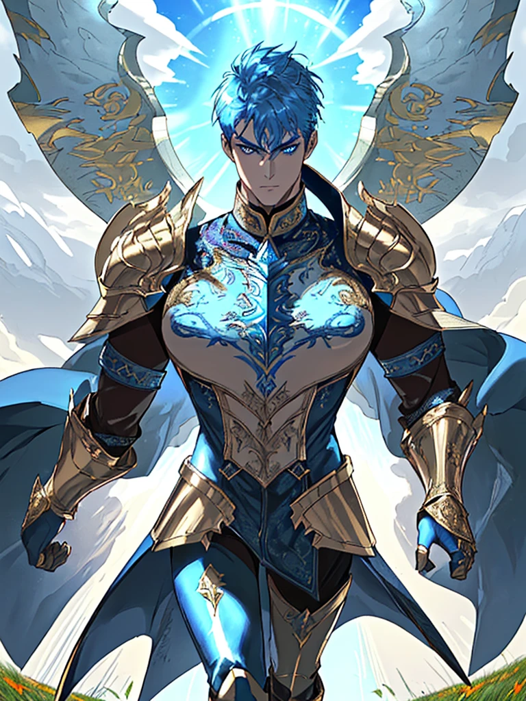 (blue, bright, intense, vibrant), (shiny, reflective, metallic), (majestic, powerful, fierce, imposing), tall and strong man, dark blue short hair, light blue pupils, detailed face and eyes, wearing dragon-themed golden armor, (fine, intricate) scales on the armor, (sharp, pointed) shoulder pads, (elaborate, engraved) patterns on the chest plate, (dazzling, radiant) golden gauntlets and boots, (gleaming, polished) sword held firmly in hand, (confident, determined) expression on his face, standing in a (magnificent, grand) pose, on a (bright, sunlit) grassy meadow with (rolling, verdant) hills in the background, (dramatic, cloudy) sky with beams of sunlight casting a warm glow on the scene.