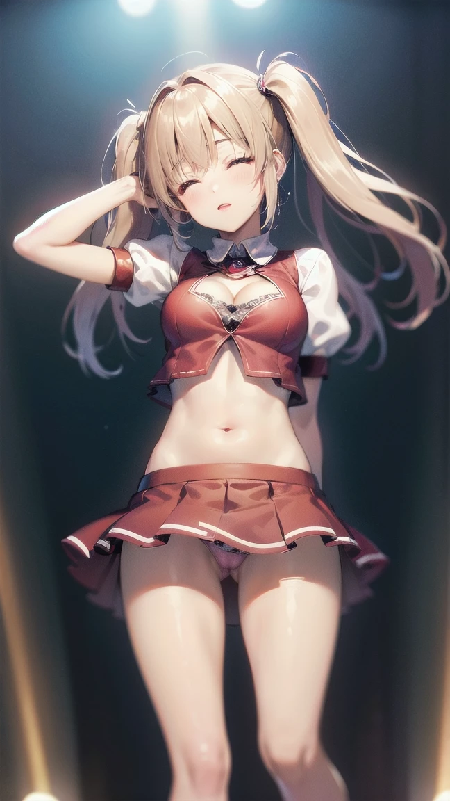 (BESTquality:1.2),(Super Resolution),(1 person),(16K),(Full body:1.2),()(Cute Women),((Angle from below:1.3),(Pink Panties:1.2),((Skirt lift:1.3)),(High twin tail hair:1.3),(Cute Women),(Maid),(Night Park),(Fall to the ground:1.2),(Embarrassed expression),(地面でAre sleeping:1.2),(Frilled Skirt:1.2),(Front body:1.3),(Supermodel public live broadcast:1.3),(Night Park),(Are sleeping:1.2),( Blonde hair ),(very cute:1.3),,(Keep your hands behind your head:1.3),(Belly button exposed:1.2),(Model-like slim legs:1.3),(Supermodel doing squats:1.3),(Cleavage:1.2),( :1.5 )